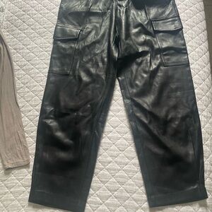 Mango Black Leather Cargo Trousers Sleek Cropped Design